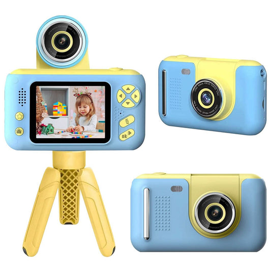 Blue kids digital camera with yellow flip-up lens, LCD screen, and tripod base