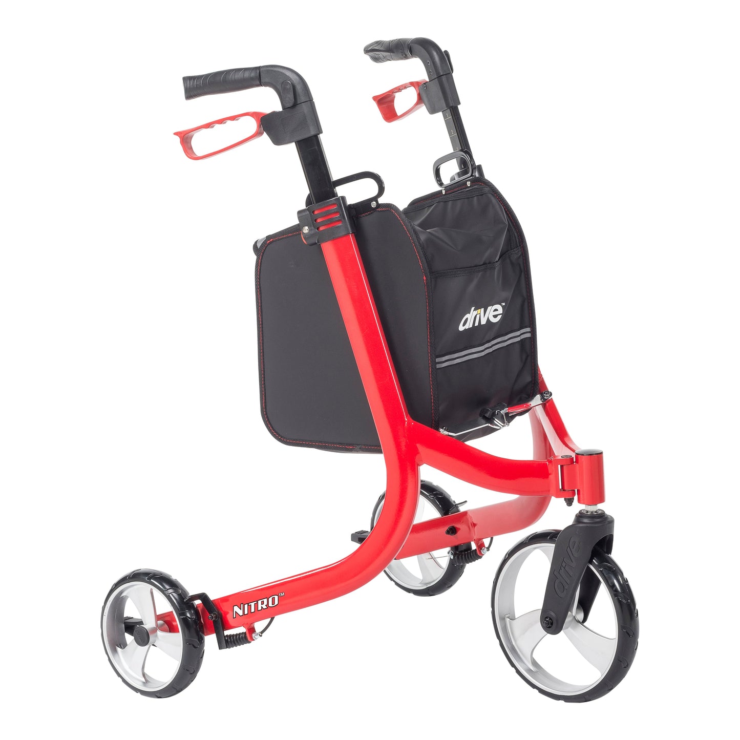 Nitro 3-wheel rollator walker with red frame and black seat pouch
