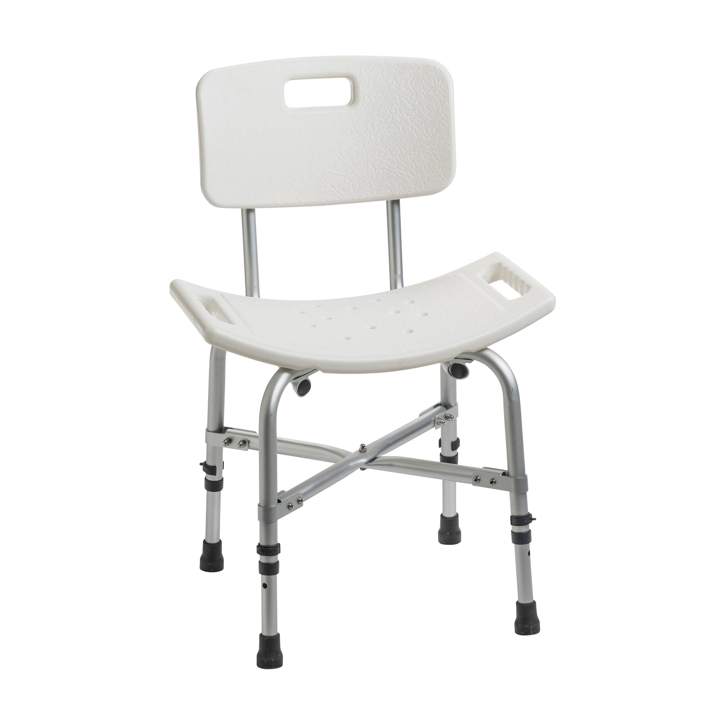 Padded bath bench with backrest, white seat and back panel, height-adjustable legs with grips