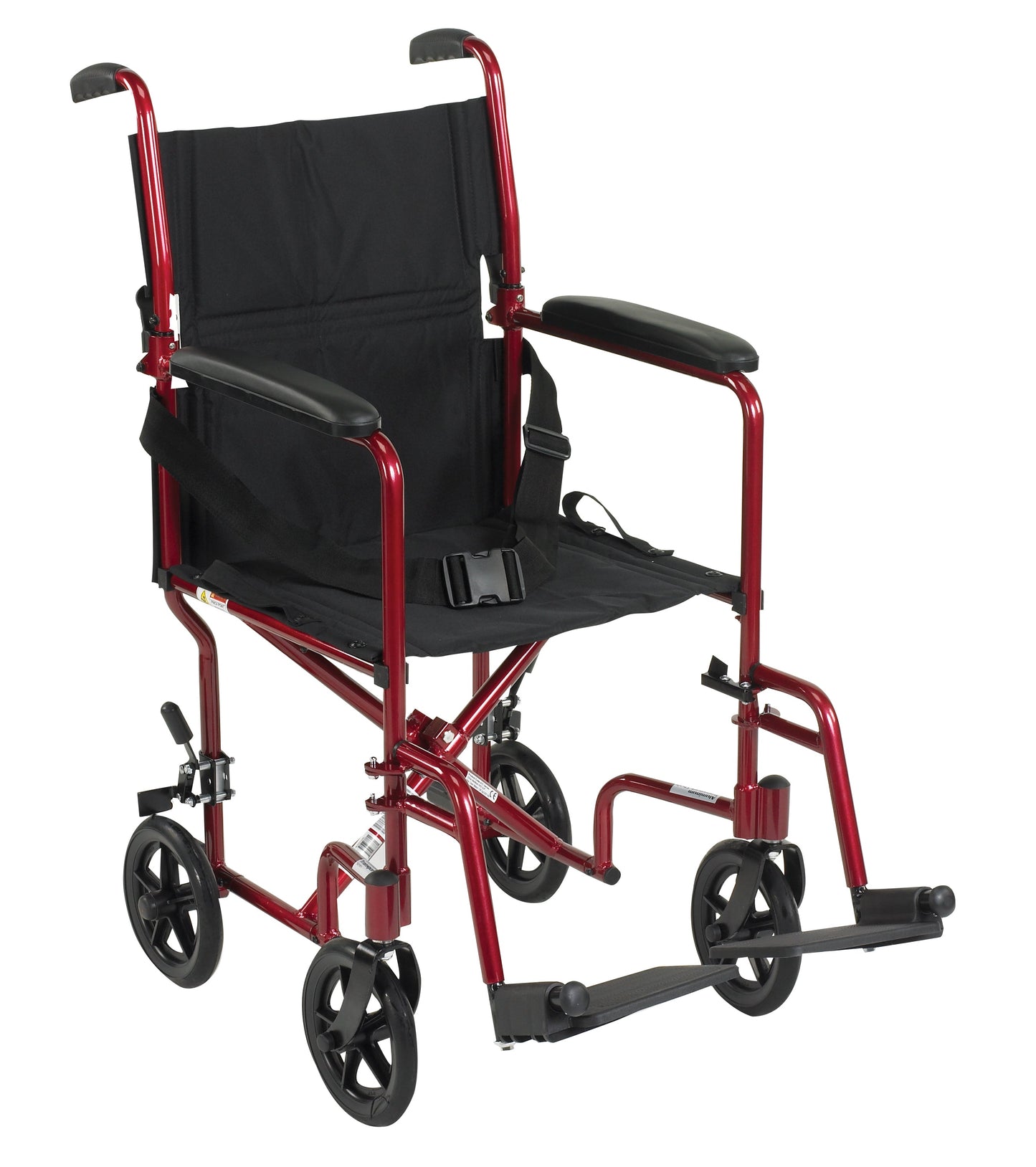 Red lightweight transport wheelchair with black seat, back, armrests, and rear wheels.
