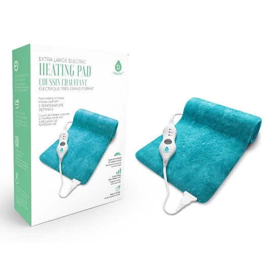Large electric heating pad with teal fabric cover and white handheld controller