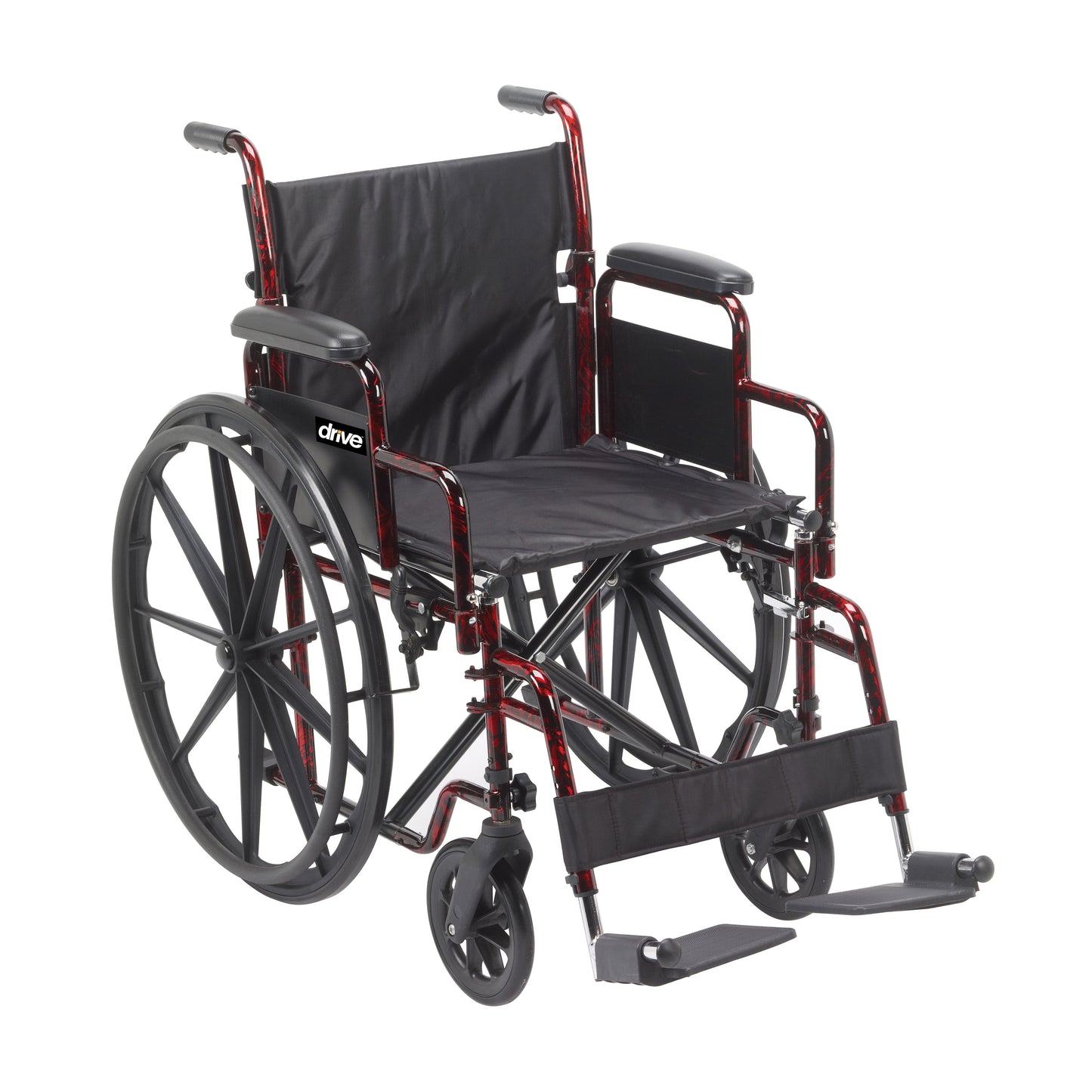 Rebel lightweight wheelchair with black seat, armrests, and red wheel frame