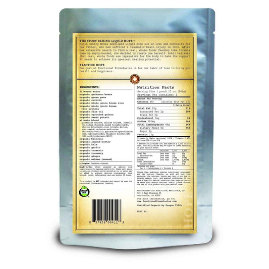 Back of Liquid Hope original tube feeding formula pouch with Nutrition Facts label