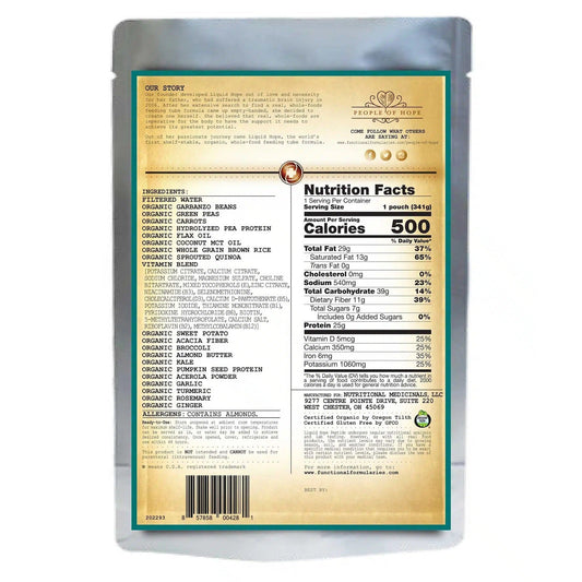 Liquid Hope peptide formula pouch back with nutrition facts and ingredients panel