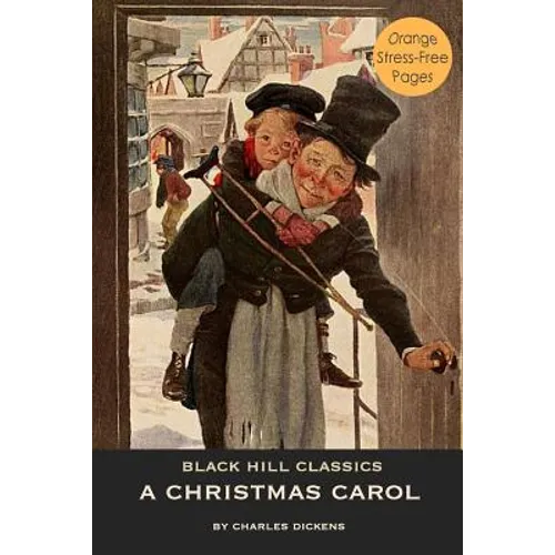 Paperback book with illustrated Dickens-style winter scene and orange stress-free pages badge