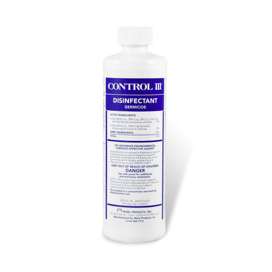 CONTROL III disinfectant germicide bottle, white with blue label and ingredient panel