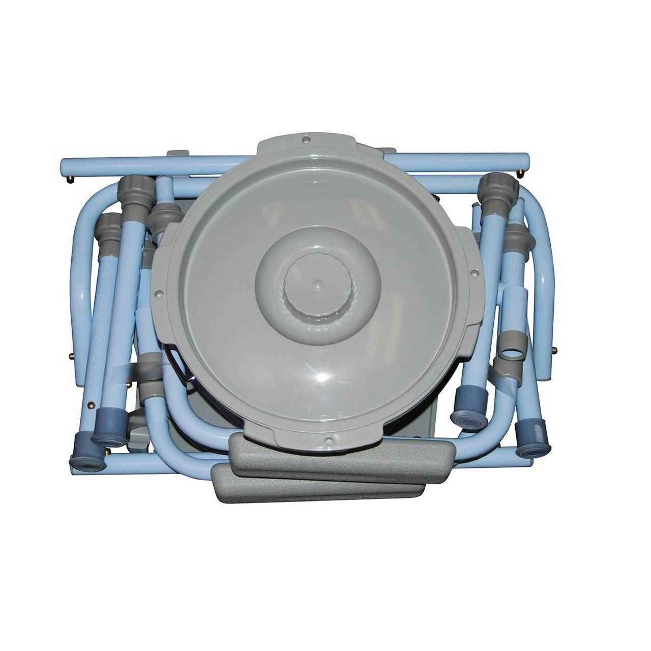 3-in-1 folding commode viewed from above, round toilet cover and seat support
