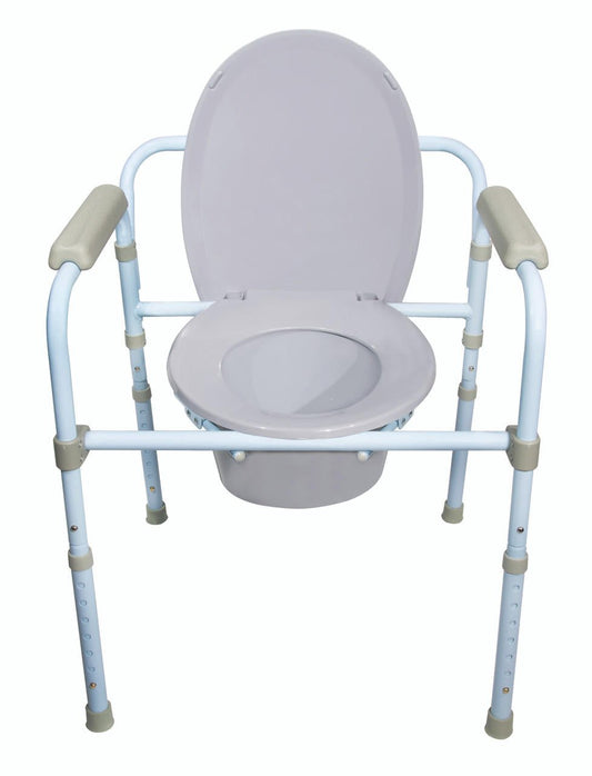 Folding bedside commode with raised backrest and open toilet bowl, gray seat