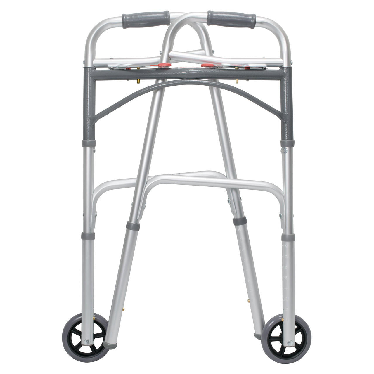 Adult folding walker with wheels, front view; platform support bar and gray handles