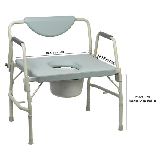 Bariatric commode chair with adjustable height legs, armrests, backrest, and toilet opening