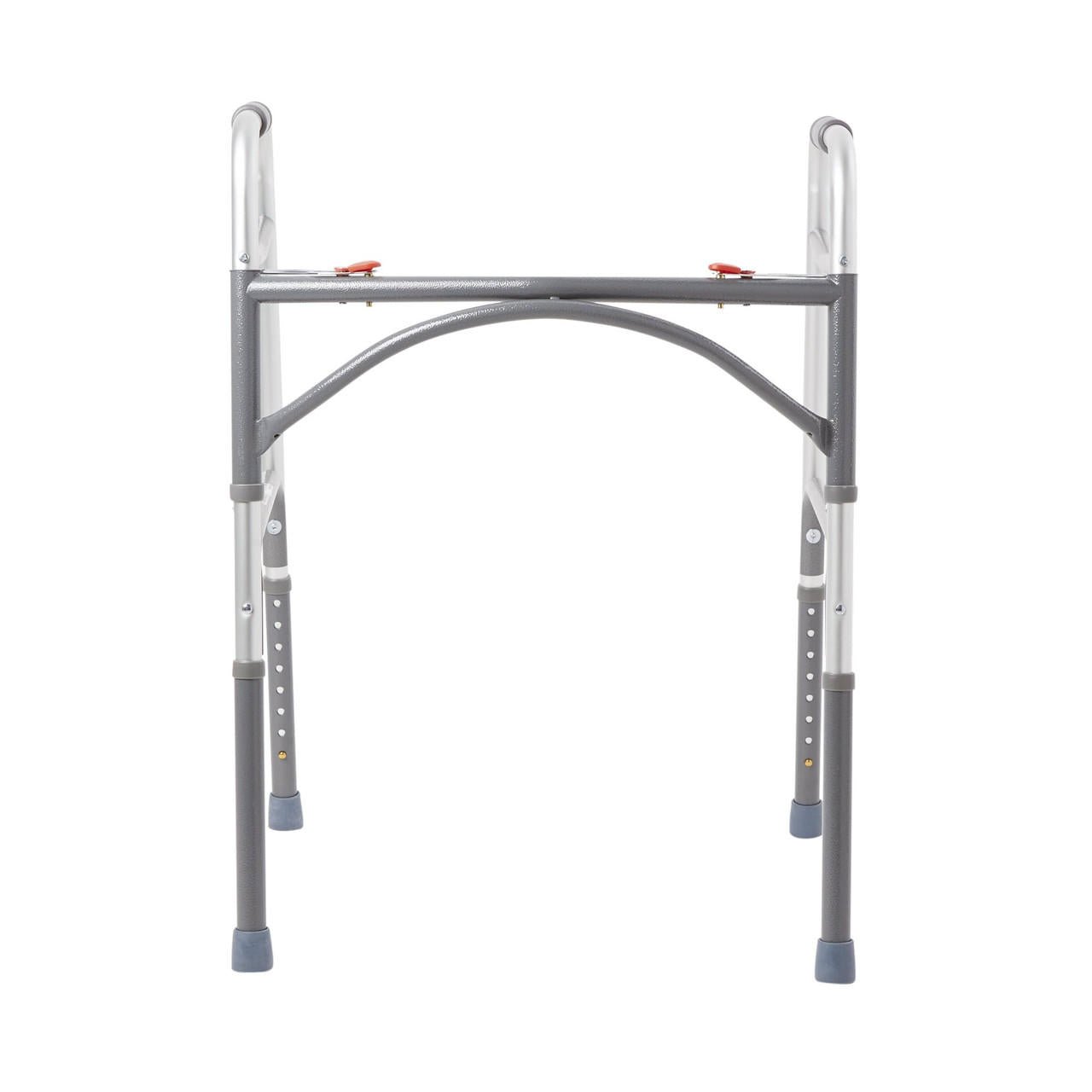 Silver folding walker front view with arched crossbar and adjustable height legs