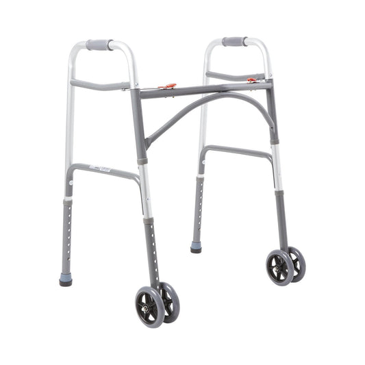 Bariatric folding walker with wheels and gray seat supports, white frame