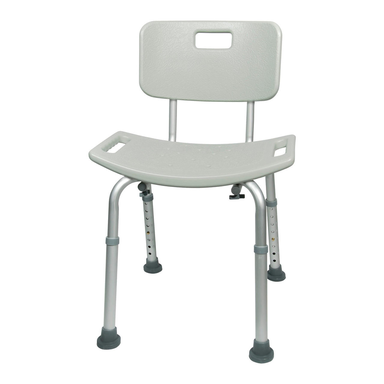 Light gray bath bench with removable backrest and perforated height-adjustable legs