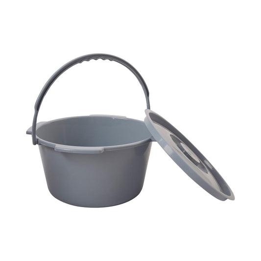 Light gray commode bucket with side opening and hinged lid cover