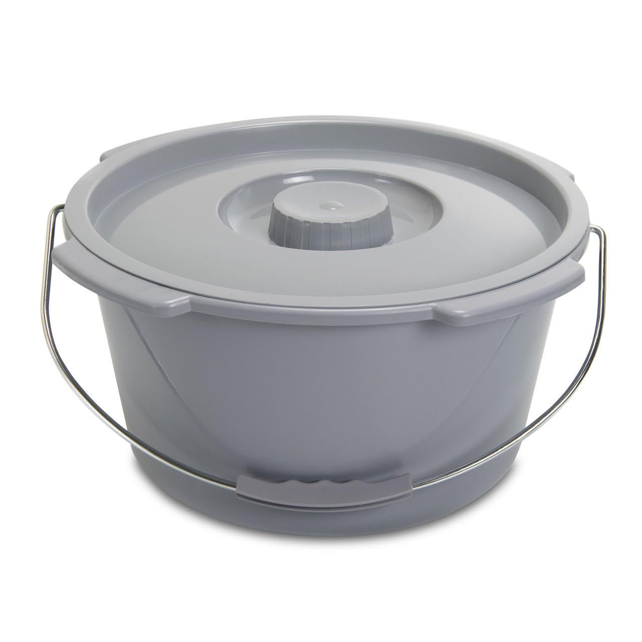 Light gray commode bucket with lid and central deodorizing cap; metal carry handle