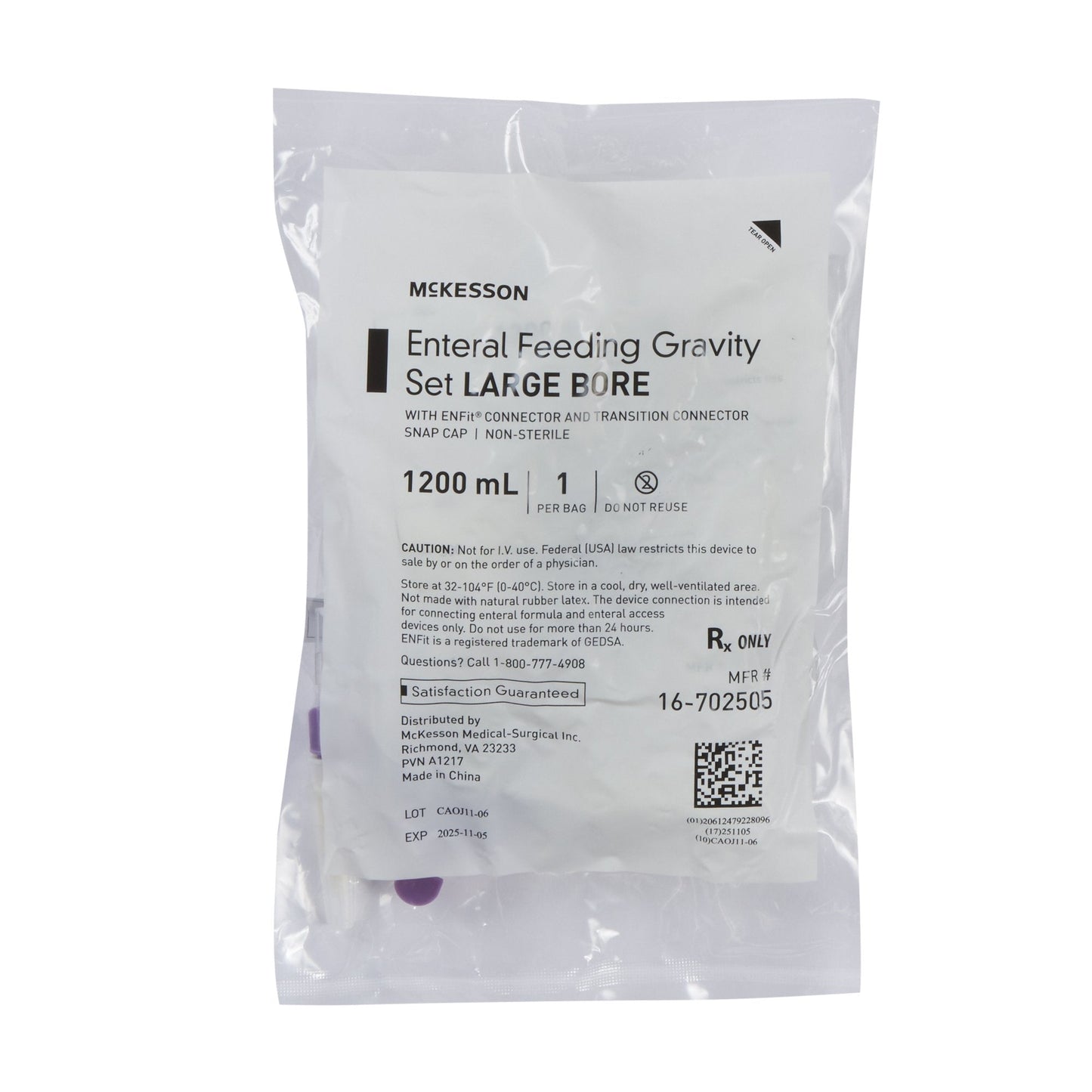 Packaged large-bore enteral feeding gravity set with ENFit connector, 1200 mL