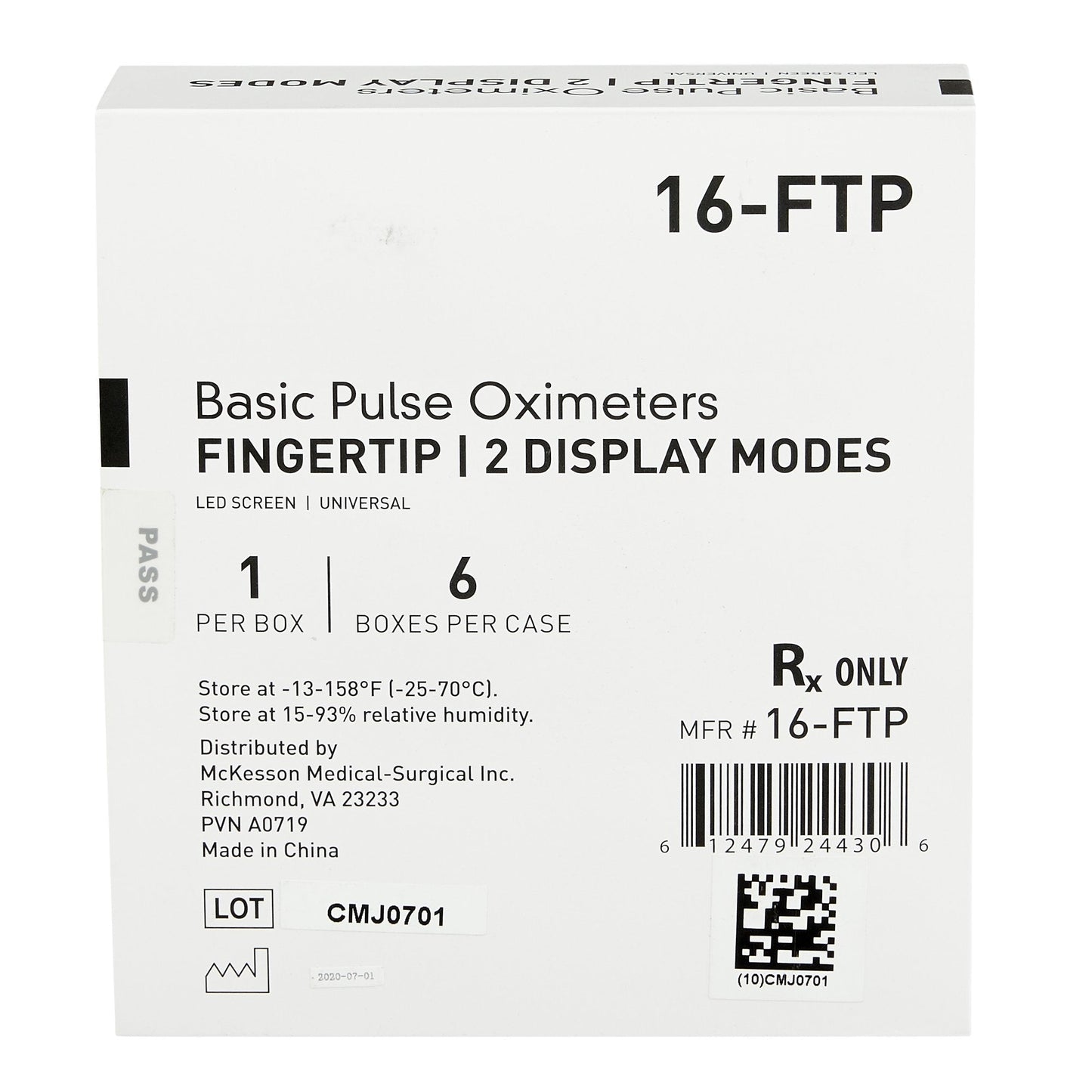 Fingertip pulse oximeter box label showing 16-FTP and Basic Pulse Oximeters