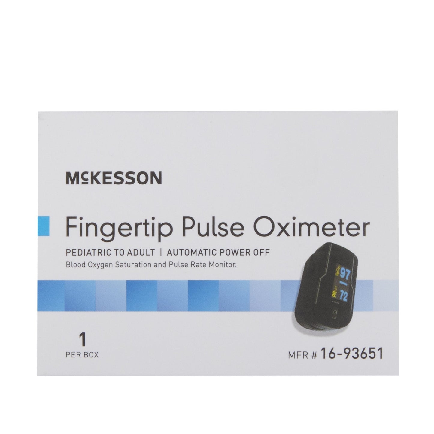Fingertip pulse oximeter box with pediatric to adult automatic power-off info