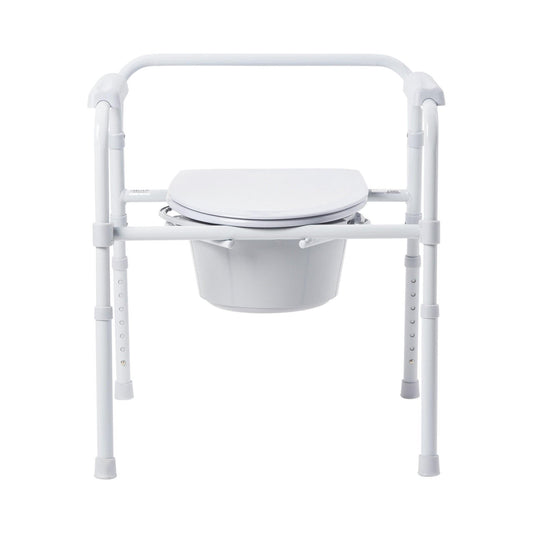 Folding commode chair with fixed arms, steel frame, hinged seat and bucket, side view