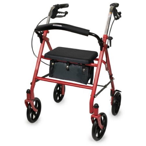 Four-wheel rollator walker with red frame, padded seat, and hand brakes