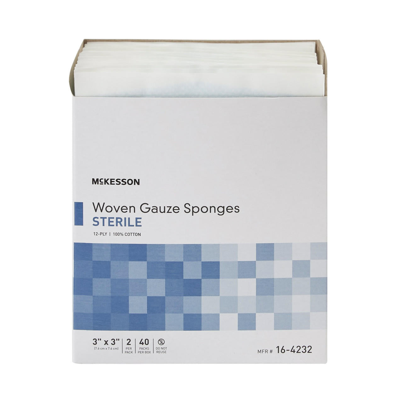 Box of sterile woven gauze sponges, 3x3 inch square, 12-ply 100% cotton pads