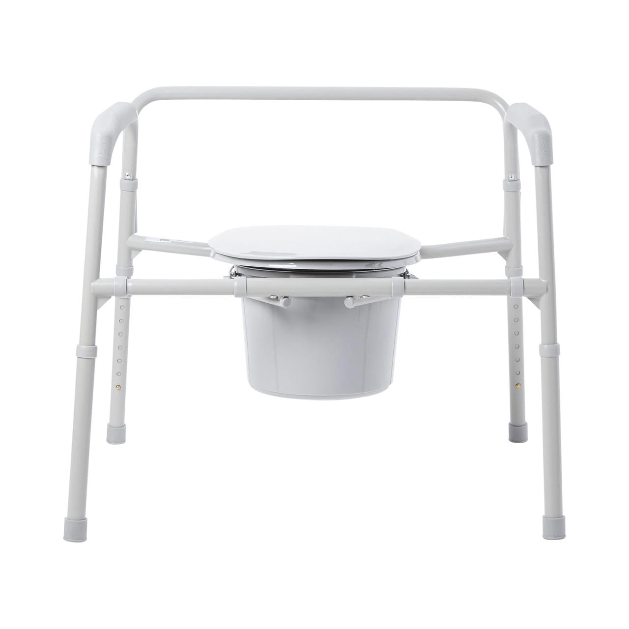 Folding bariatric commode with white seat and 12-qt bucket, front view