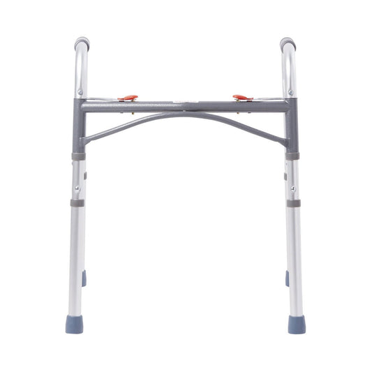 Junior folding walker, white aluminum frame with gray crossbar and blue rubber feet
