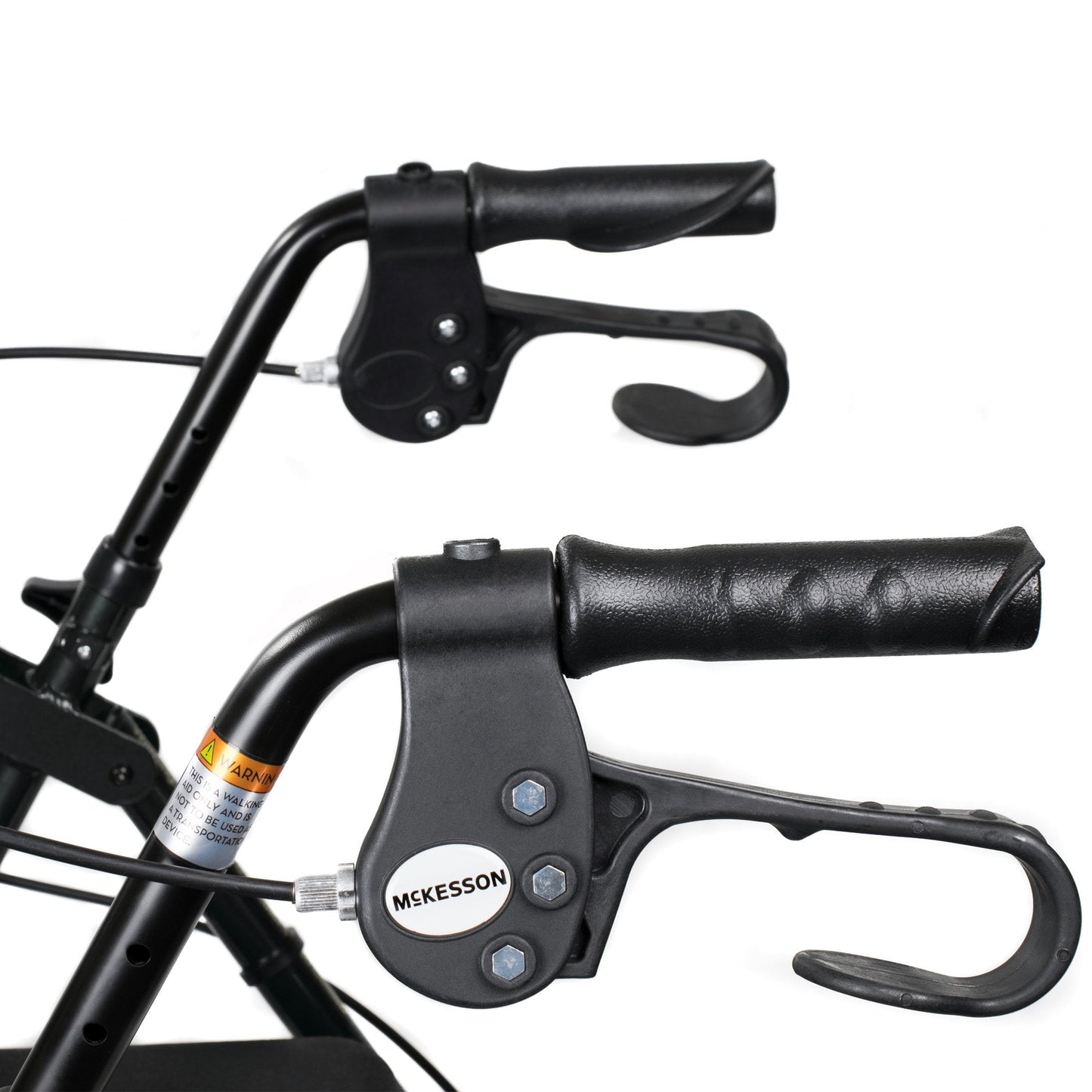 Black rollator walker hand brakes with curved grips and control lever