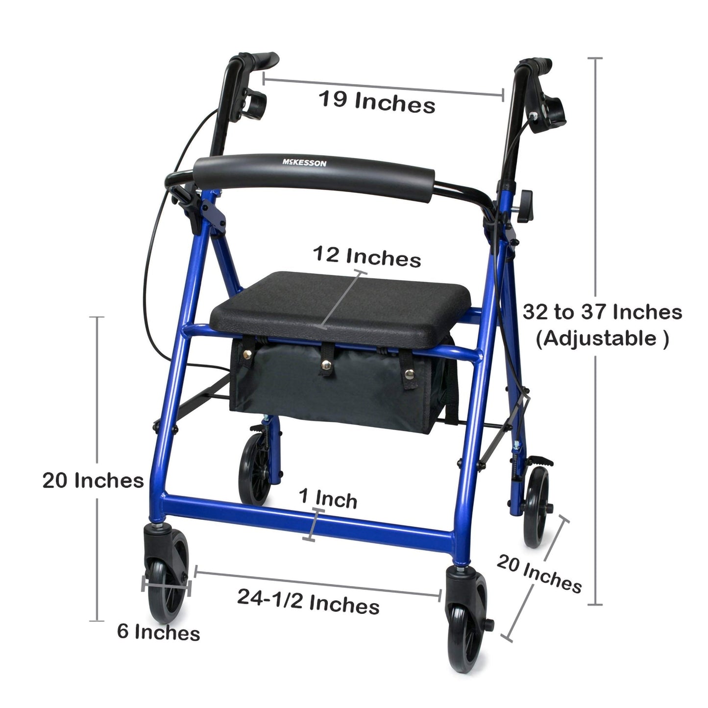 Rollator walker size diagram: black padded seat and storage bag; adjustable 32–37 in height