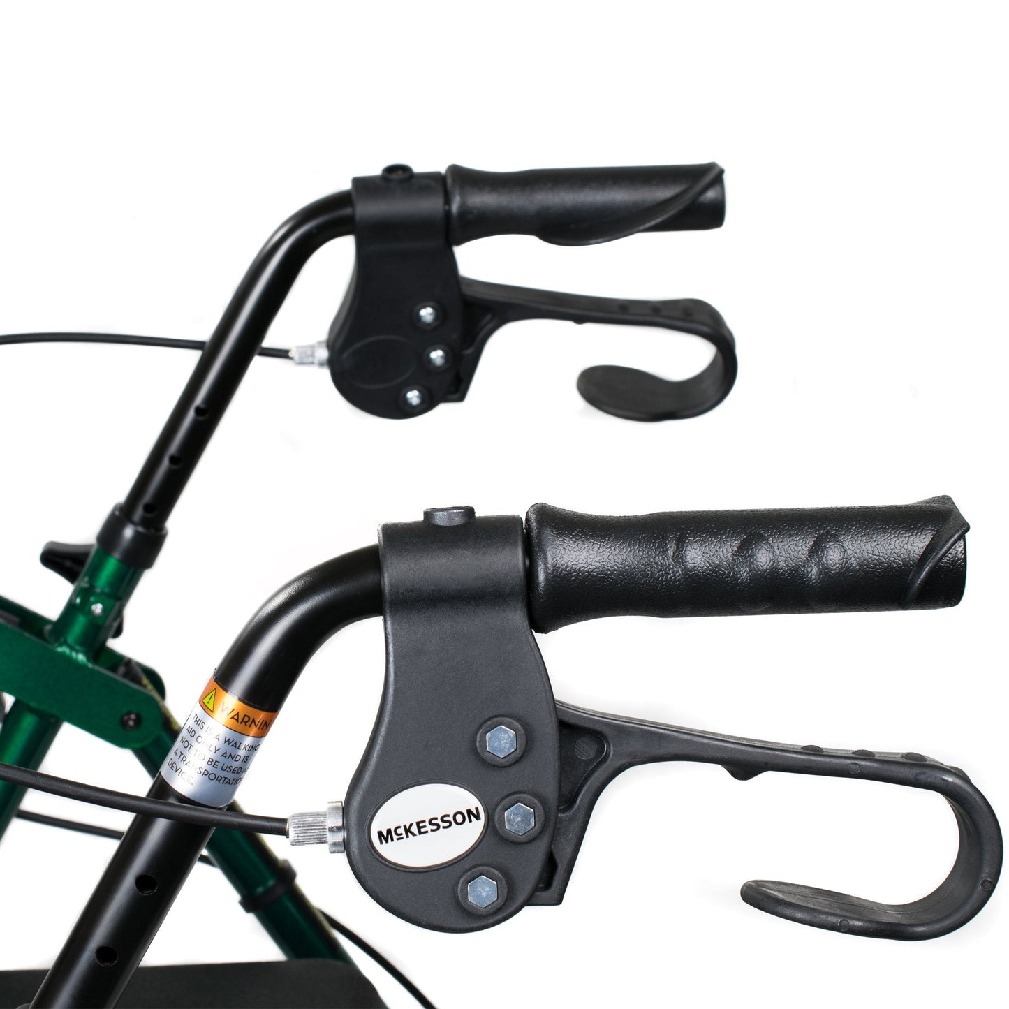 Close-up of green rollator handle with black brakes and ergonomic hand grips