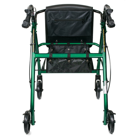 Back view of green rollator walker with black seat cushion and large zip storage bag