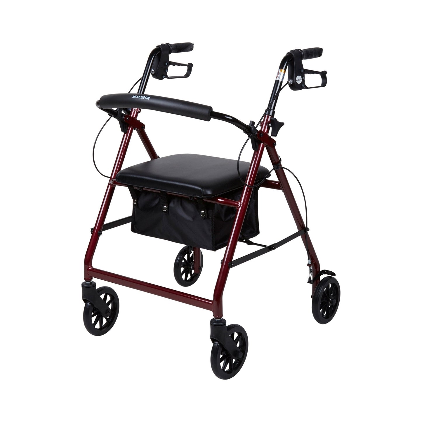 Red rollator walker with padded black seat, black storage bag, and 4 caster wheels
