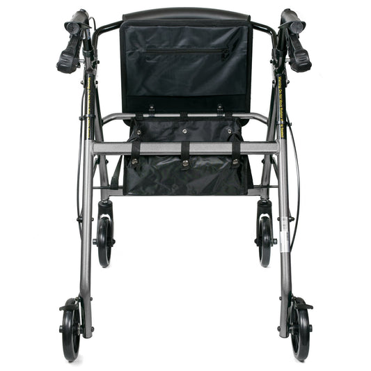 Back view of 4-wheel rollator walker with black fabric pouch under padded seat
