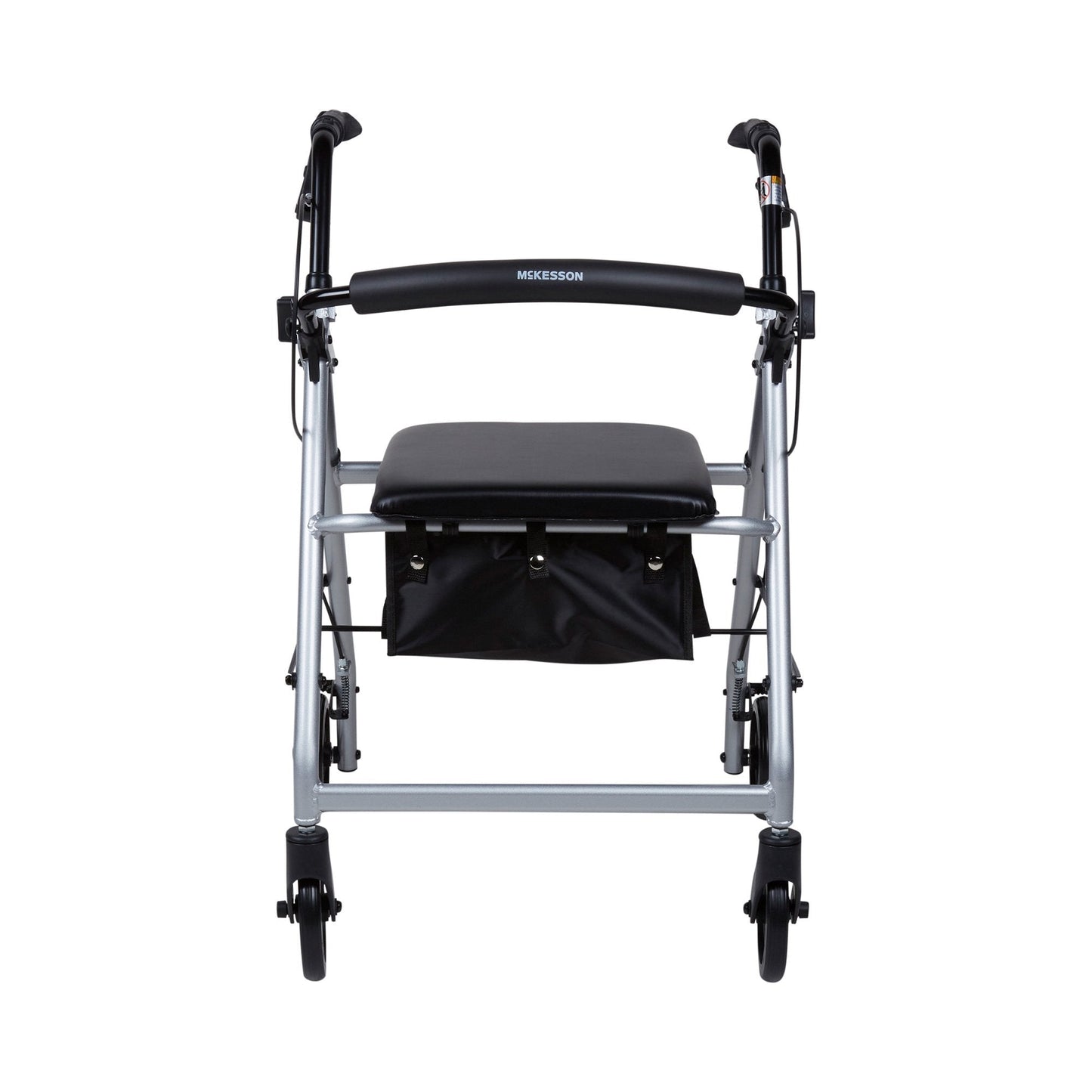Front view of 4-wheel rollator walker with black seat pad and front storage pouch