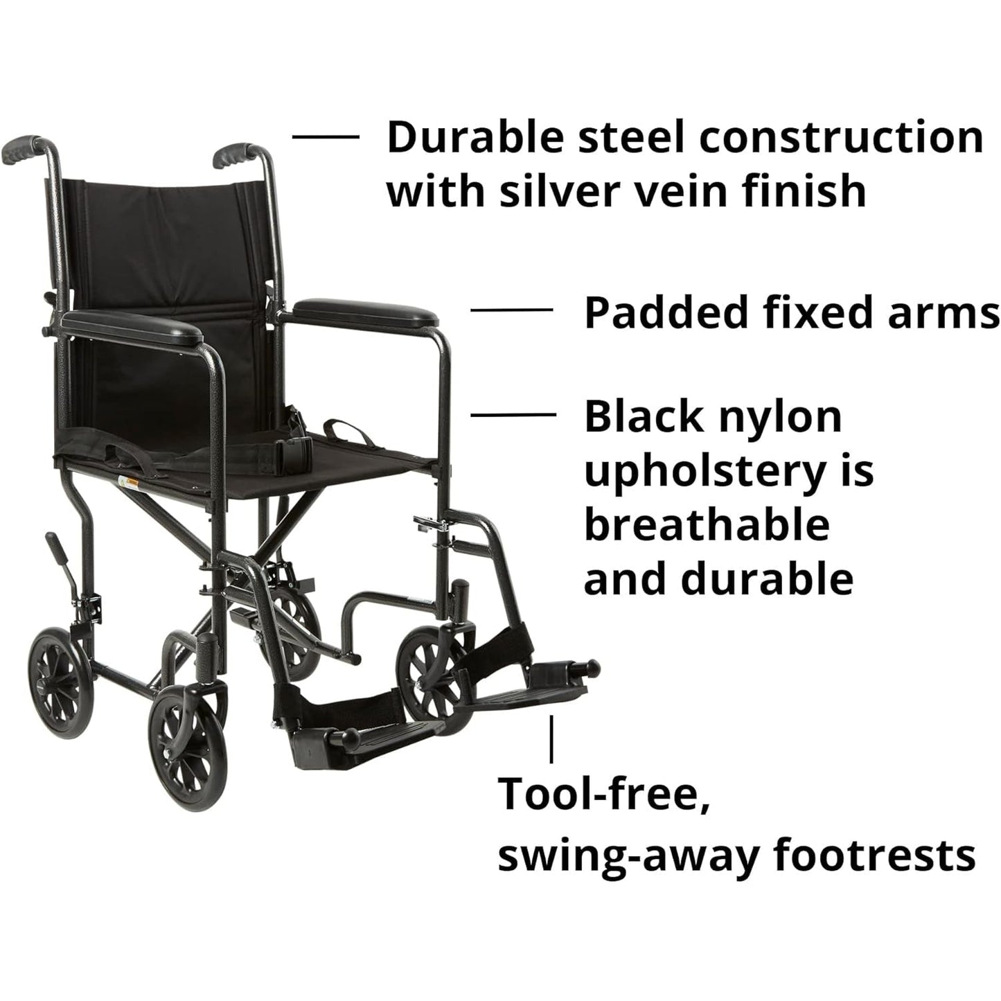 Transport chair with silver vein steel frame, padded fixed arms, swing-away footrests