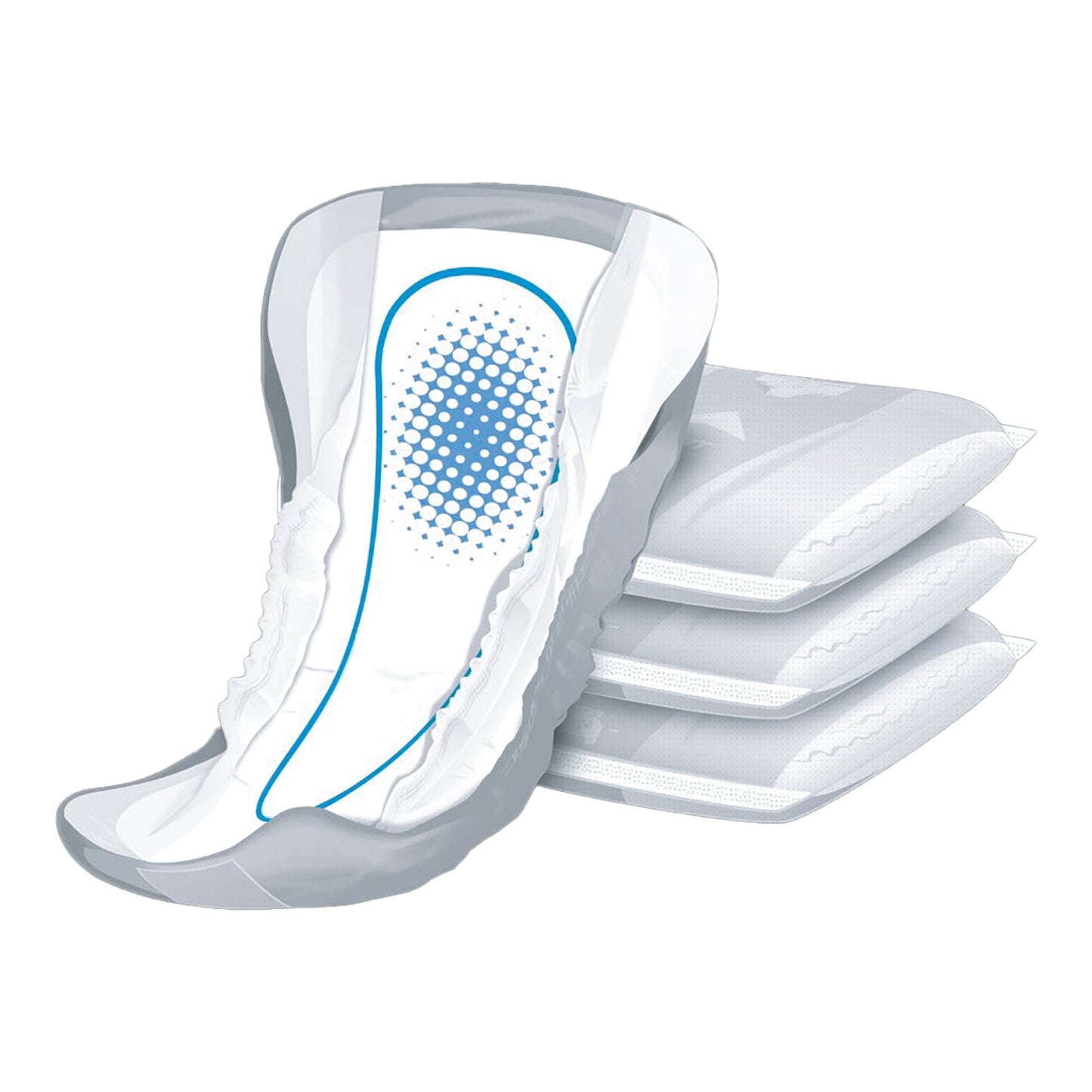 Stacked male guards with absorbent core dots, white/light gray protective pads