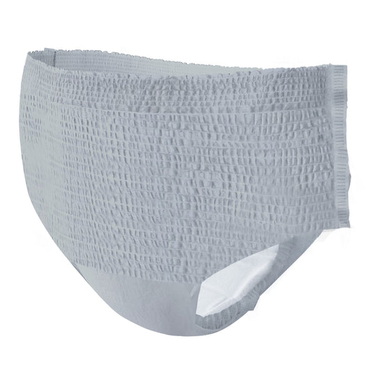 Light gray absorbent pull-on underwear briefs with elastic waistband and textured fabric