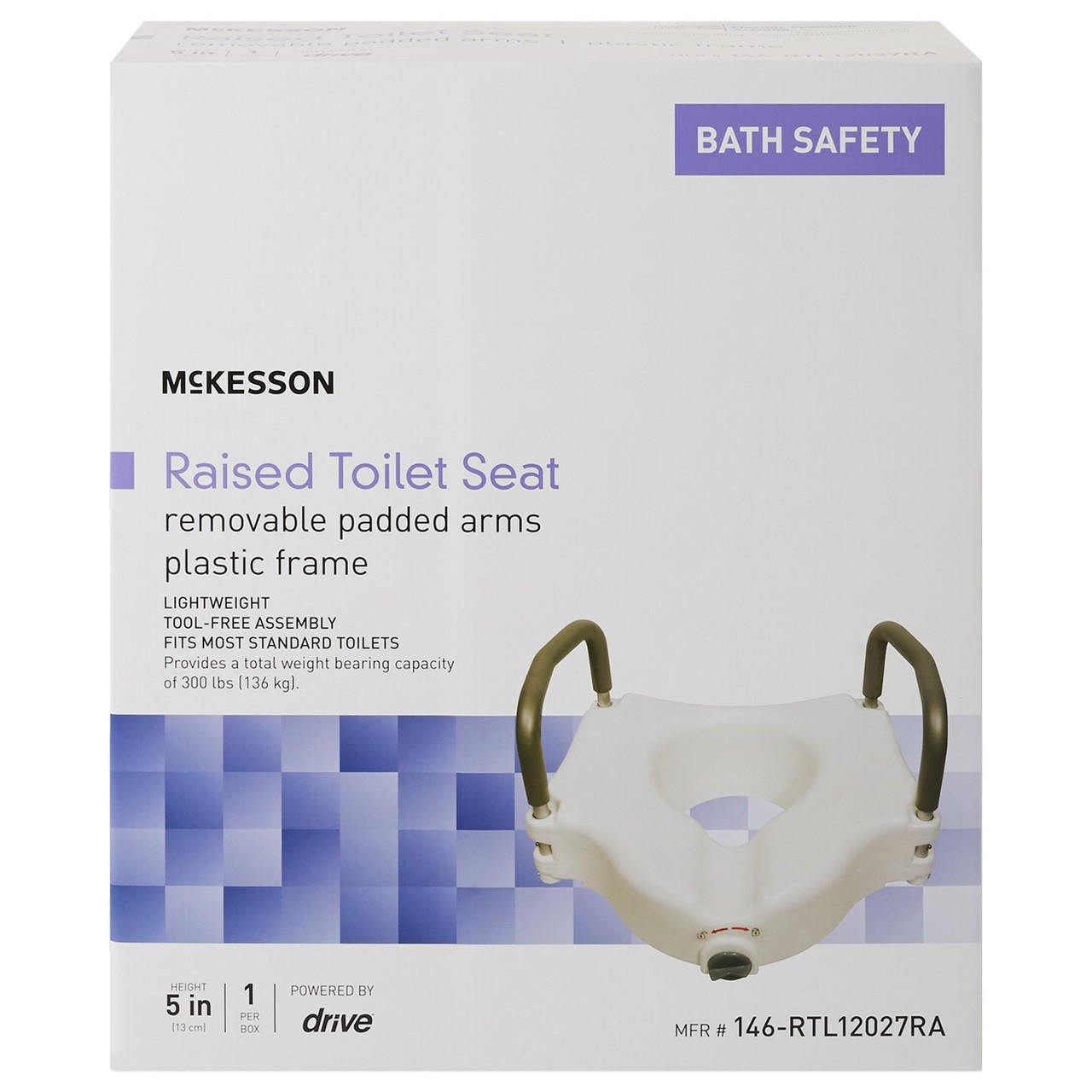 Bath Safety box: raised toilet seat with removable padded arms, plastic frame, 300 lb capacity