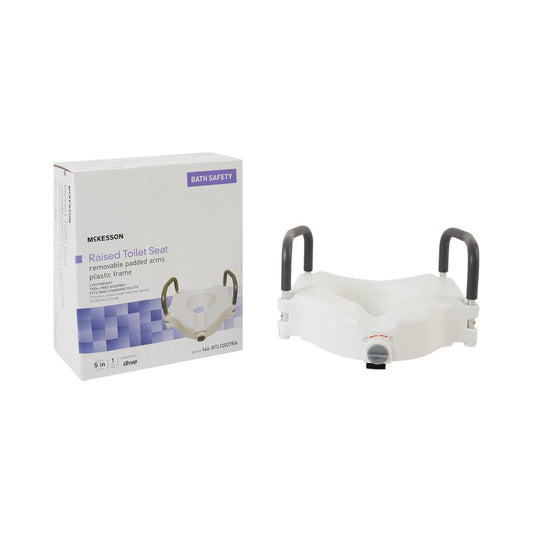 White raised toilet seat with removable padded armrests, shown with product box