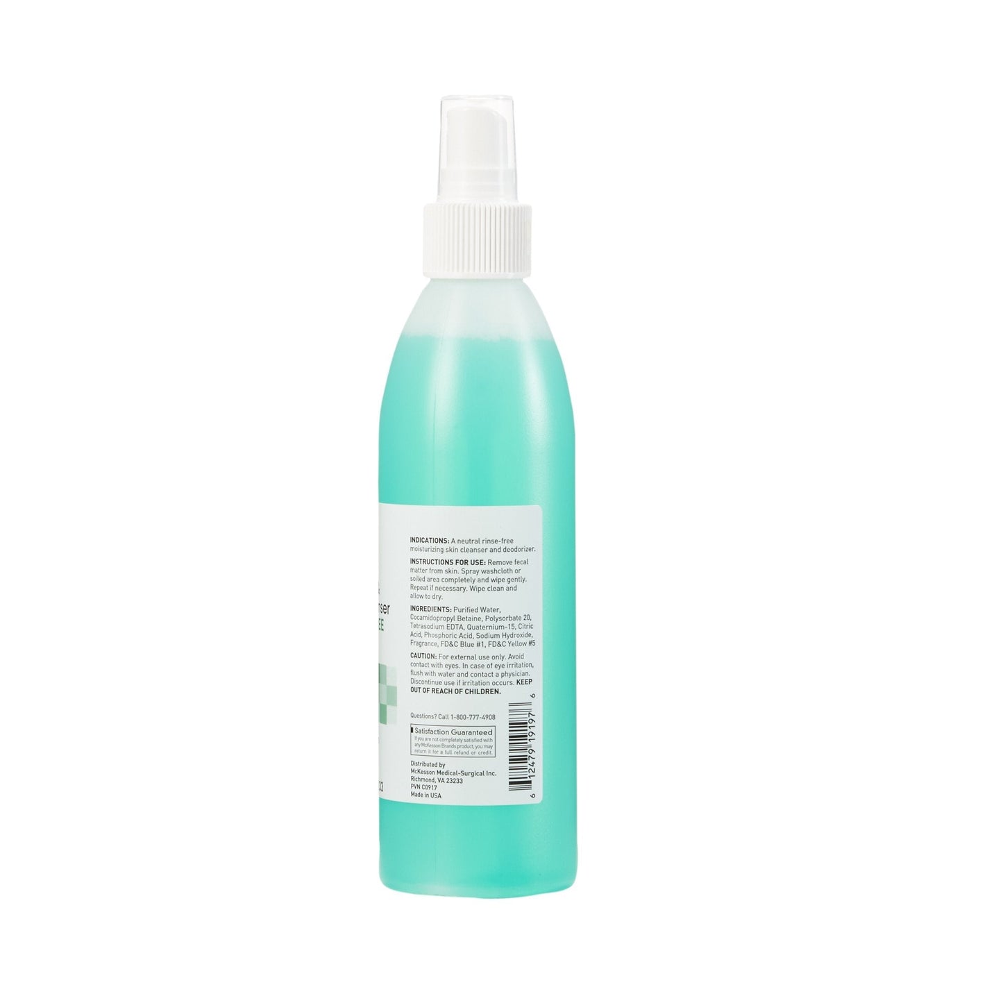 Back label view of McKesson rinse-free perineal cleanser, 8 oz spray pump bottle