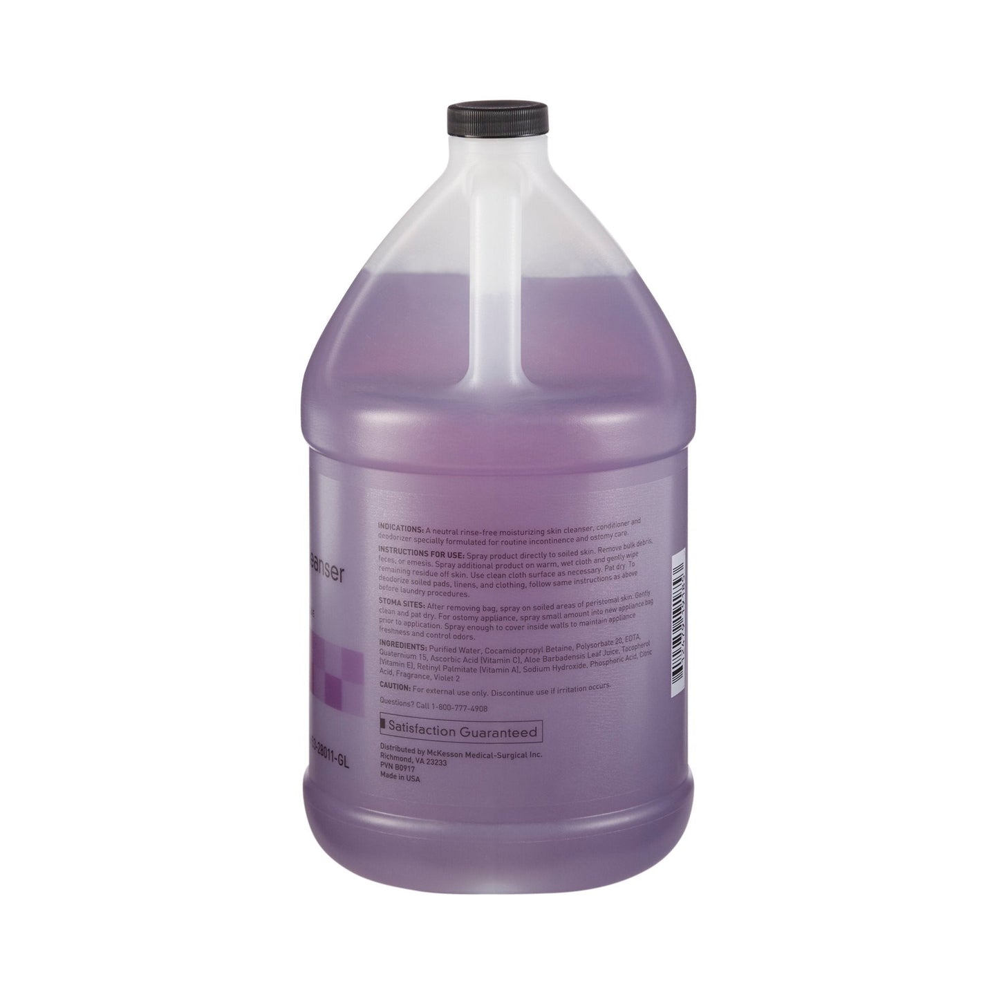 Rinse-free perineal wash bottle, 1 gal, back label with directions text