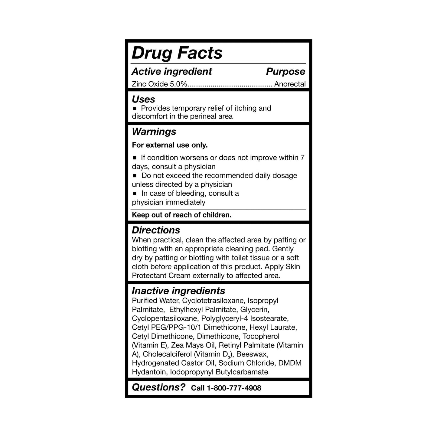 Drug Facts label for zinc oxide skin protectant cream, uses and warnings panel