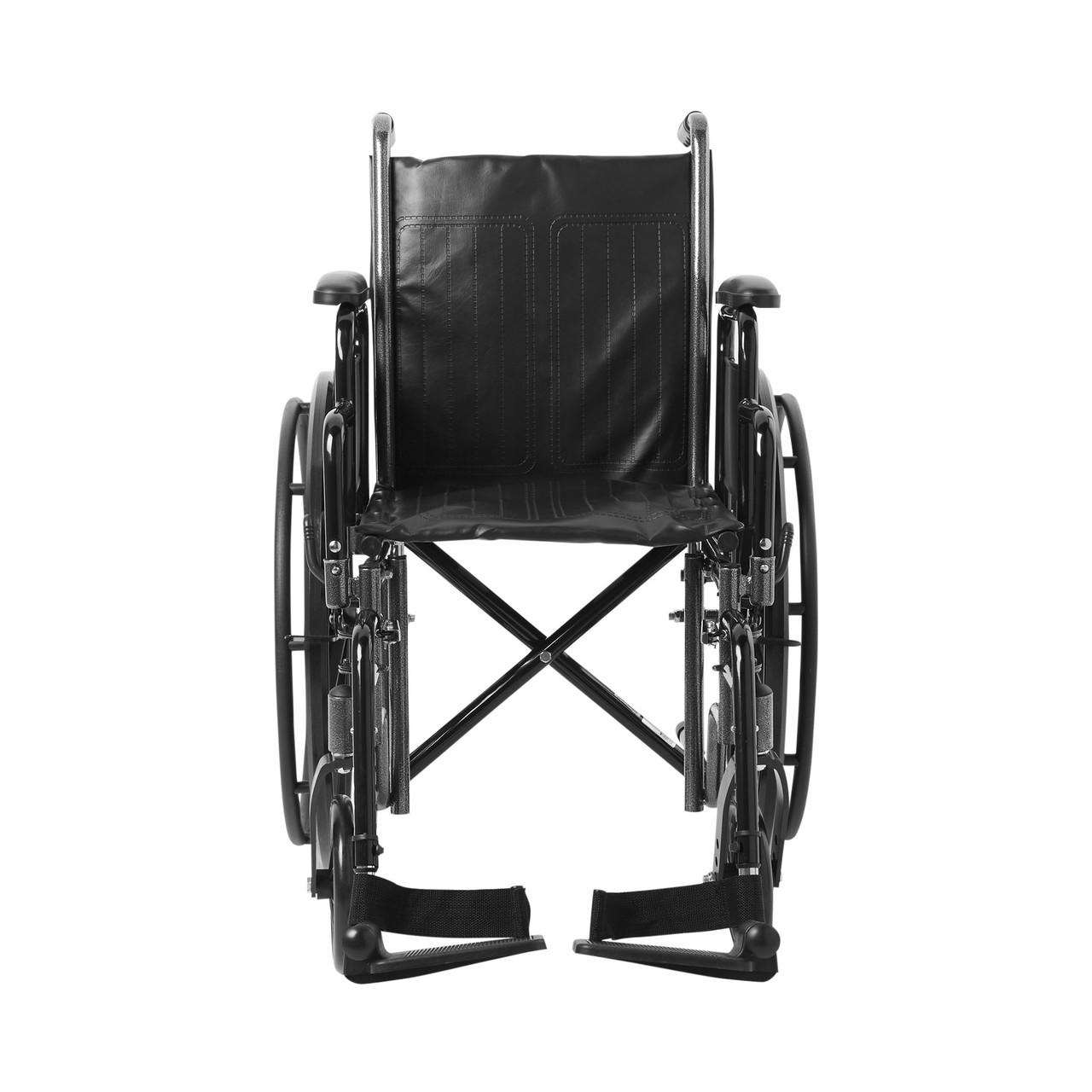 Black wheelchair with padded seat/back, desk-style armrests, swing-away footrests