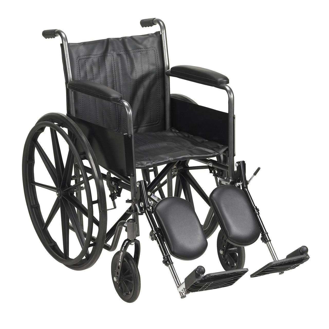 3/4 view: black wheelchair with padded backrest and swing-away elevating footrests