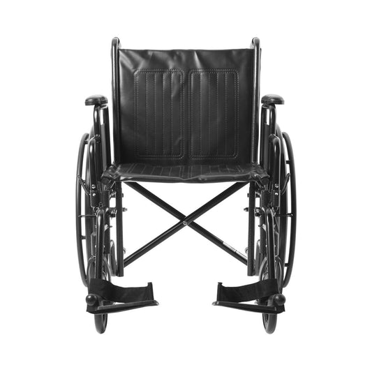 Black wheelchair front view with padded seat and back, swing-away footrest supports