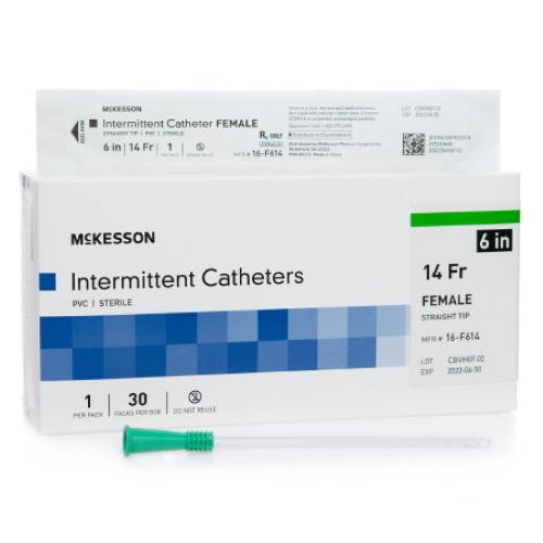 McKesson female intermittent catheter, 14 Fr, 6 in, straight tip; green catheter shown