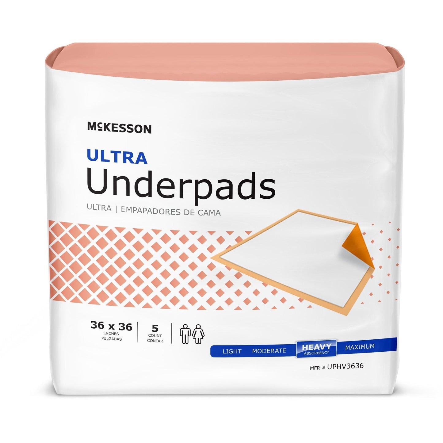 McKesson Ultra underpads, 36 x 36 in, pack of 5; white absorbent pads in box