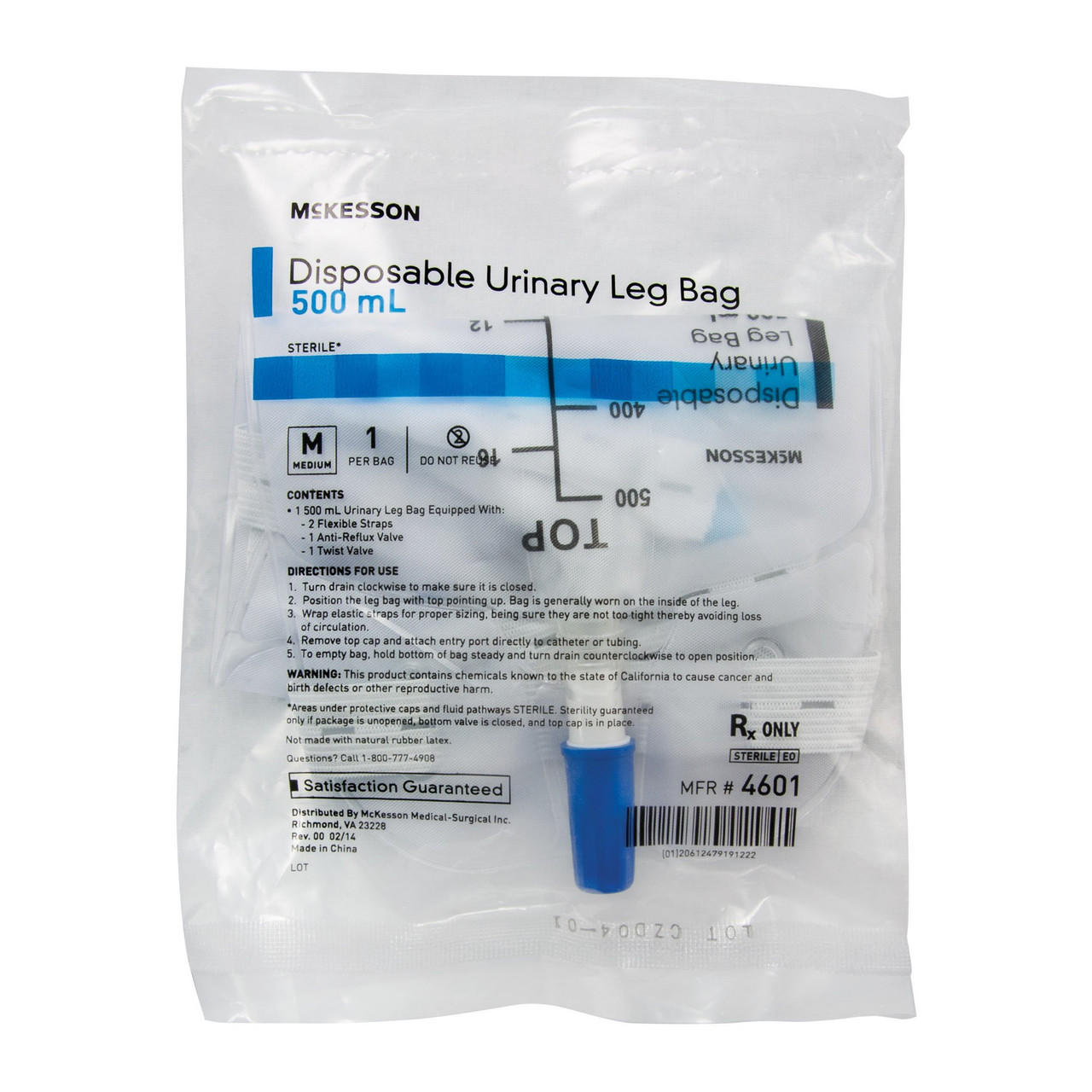 Disposable urinary leg bag, 500 mL, anti-reflux valve, sterile, sealed package