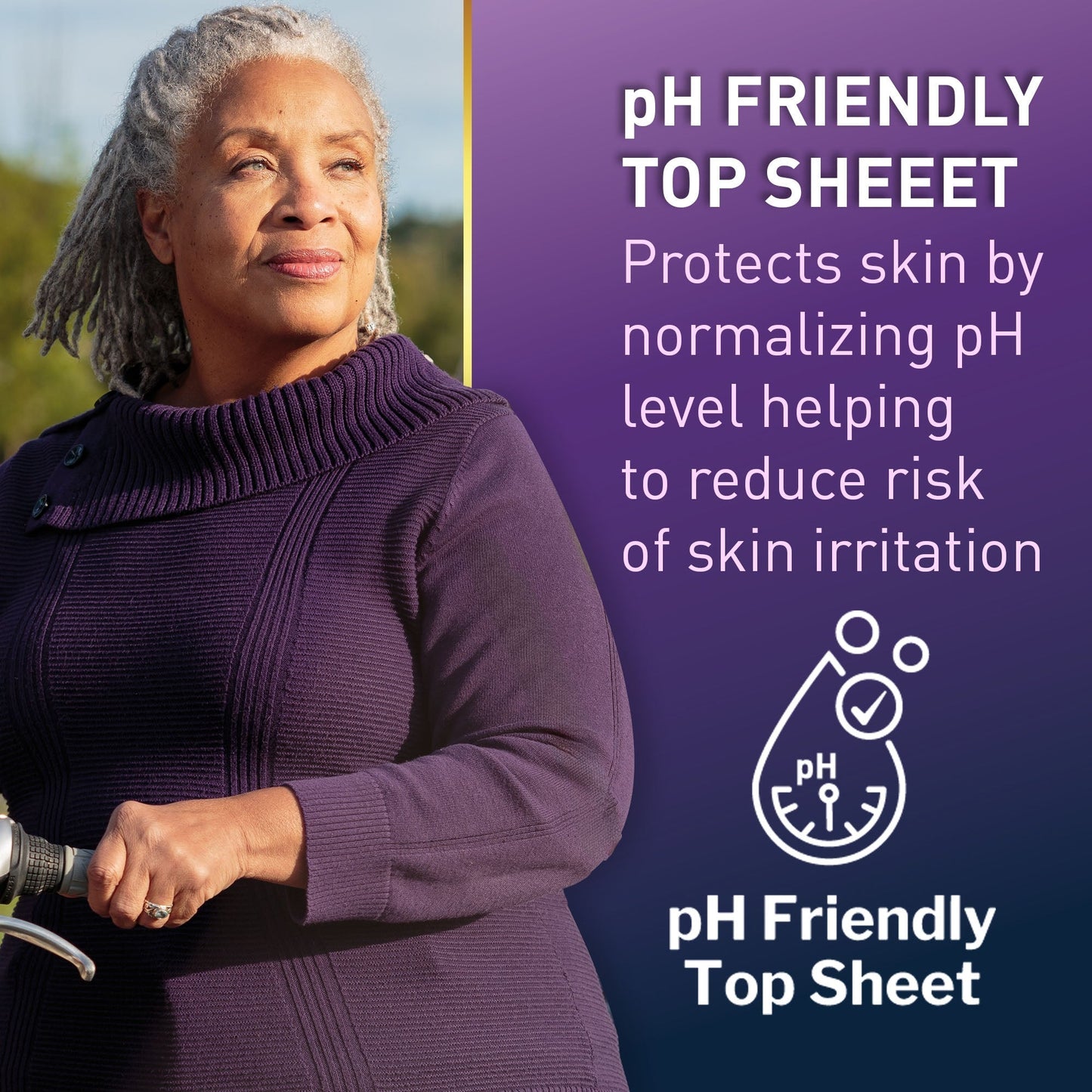 Pull-on absorbent underwear for women, pH-friendly design shown on model
