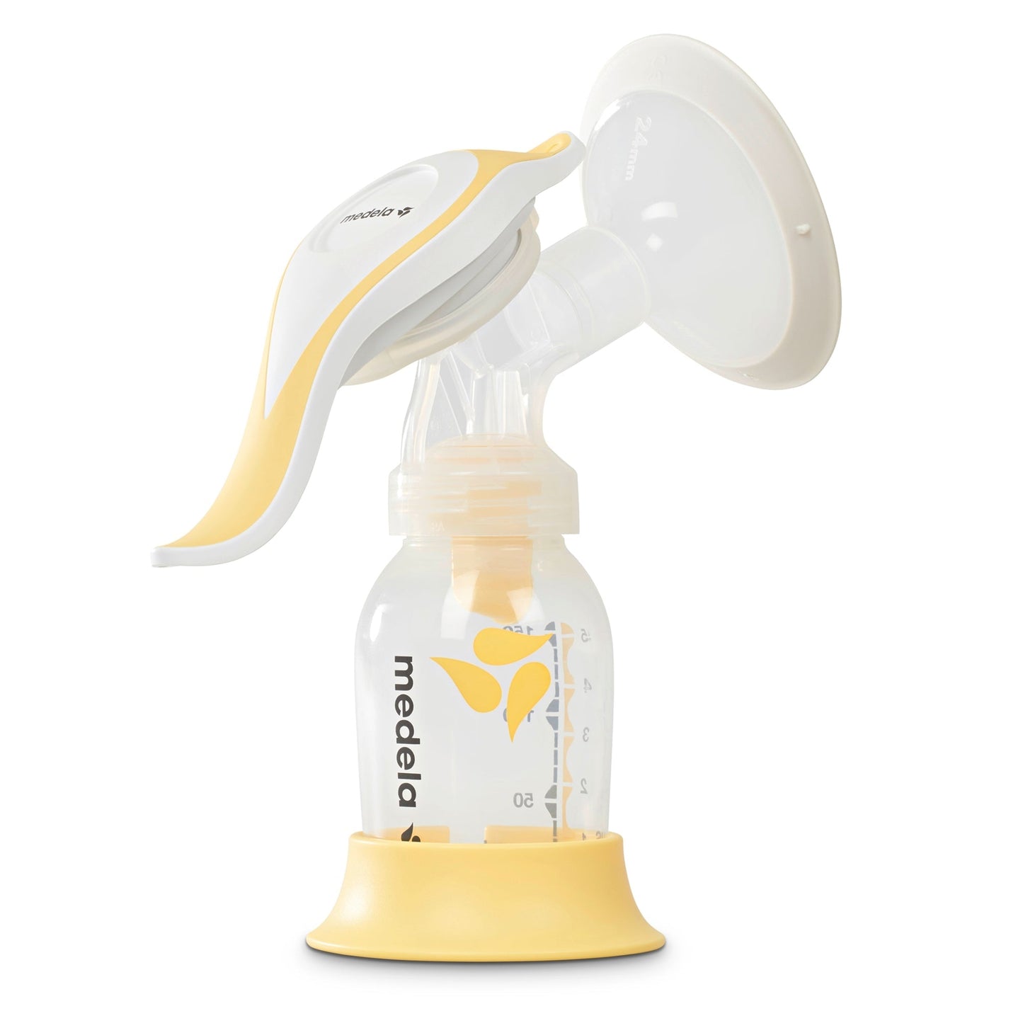 Manual breast pump angled view: yellow seal, white flange, clear collection bottle